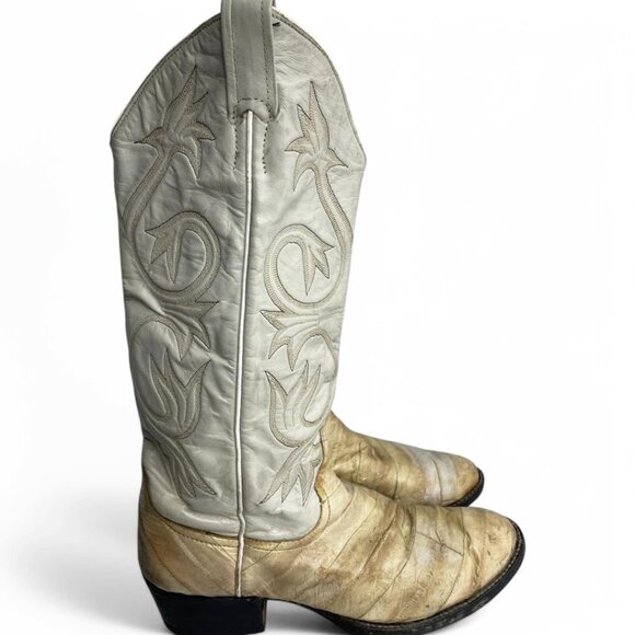 Larry Mahan Leather Ivory Western Biker Cowboy Boots Men's 8.5 D Vintage - Picture 2 of 13